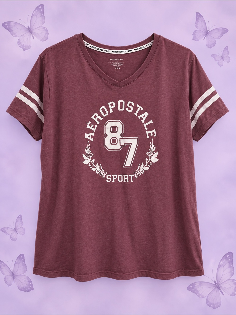 Aeropostale Women's V-Neck Sport Tee in Maroon with White Stripes